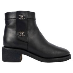 CHANEL black leather REV TURNLOCK Ankle Boots Shoes 38