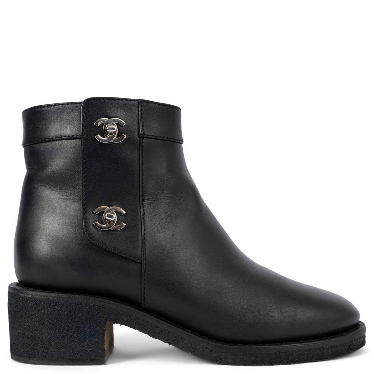 CHANEL black leather REV TURNLOCK Ankle Boots Shoes 38 For Sale