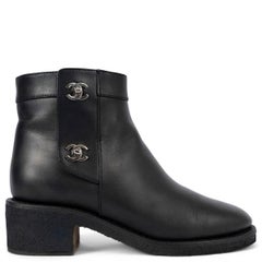 CHANEL cuir noir REV TURNLOCK Bottines Chaussures 38