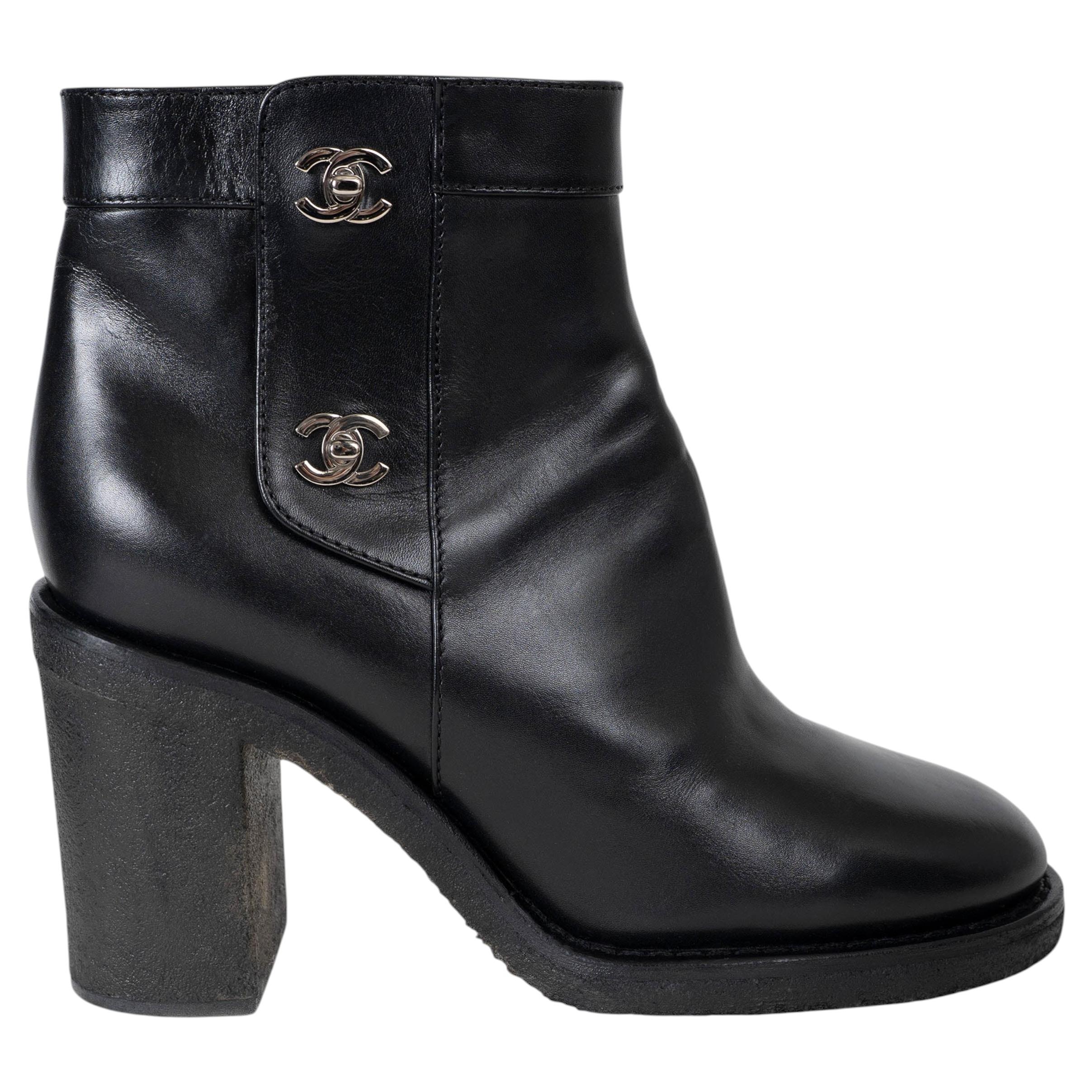 CHANEL cuir noir REV TURNLOCK Bottines Chaussures 39 G31285