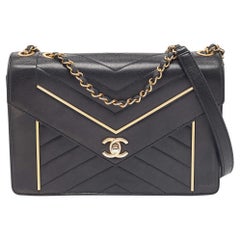 Chanel Black Leather Reversed Chevron Flap Bag