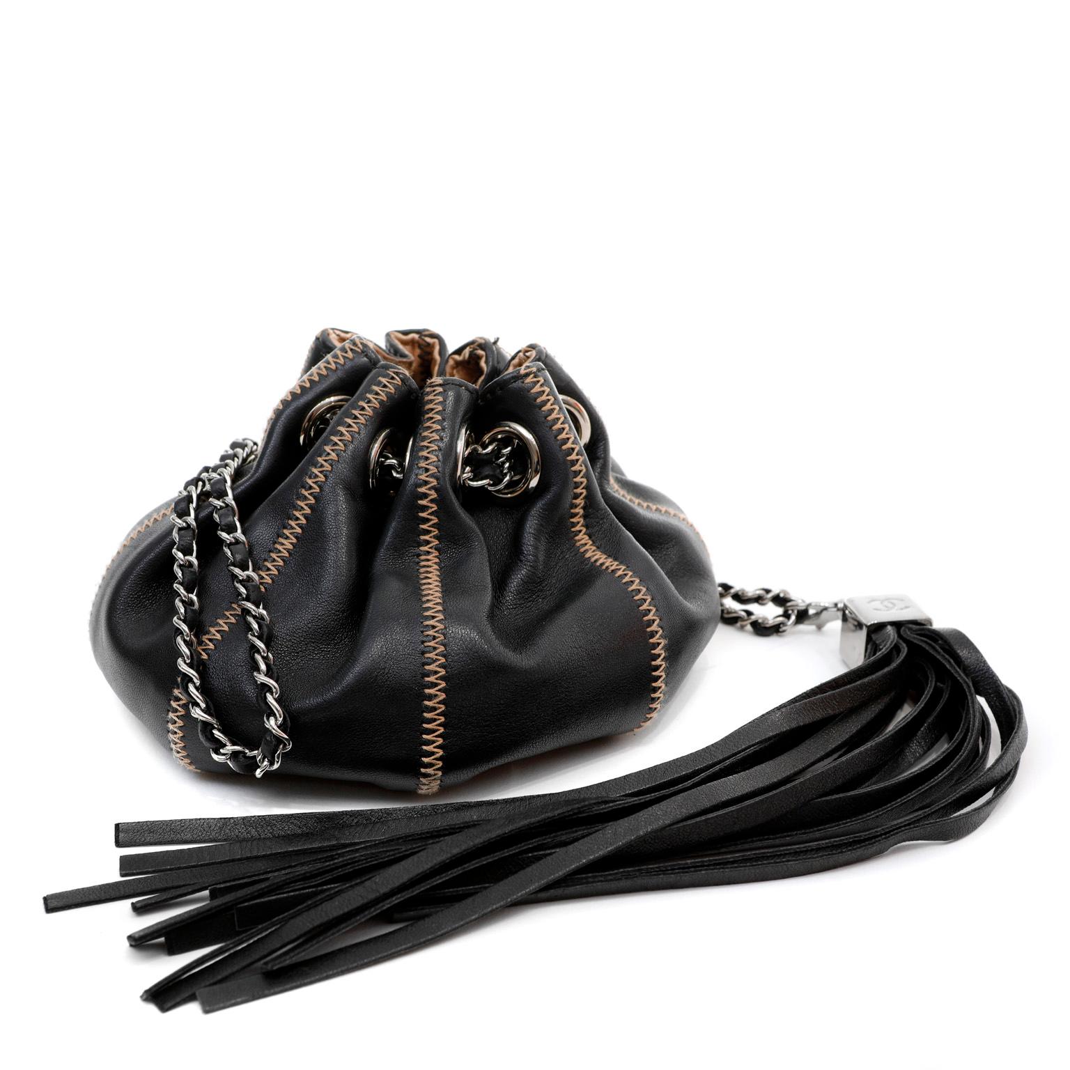Chanel Black Leather Reversible Pouchette with Tassel 2