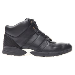 CHANEL black leather ribbed satin heel CC logo lace up high top sneakers EU43
