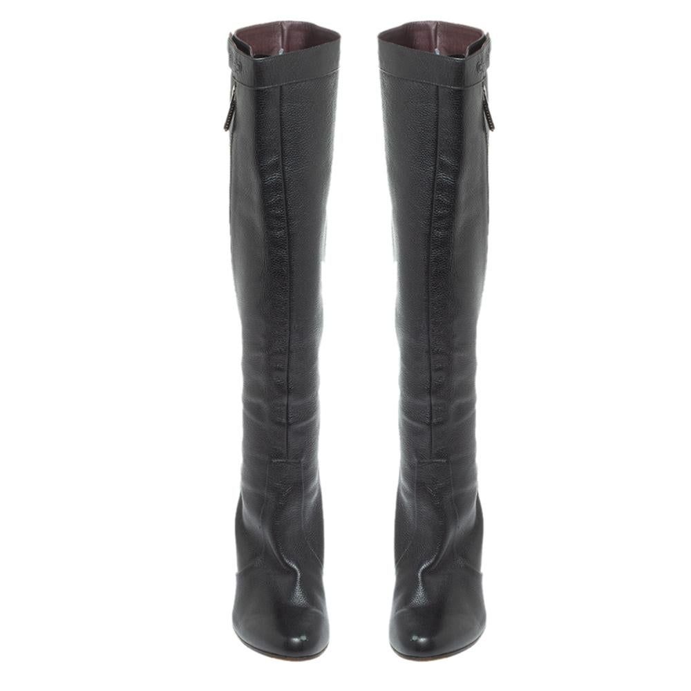 Chanel Black Leather Round Toe Block Heel High Boots Size 39 In Fair Condition In Dubai, Al Qouz 2