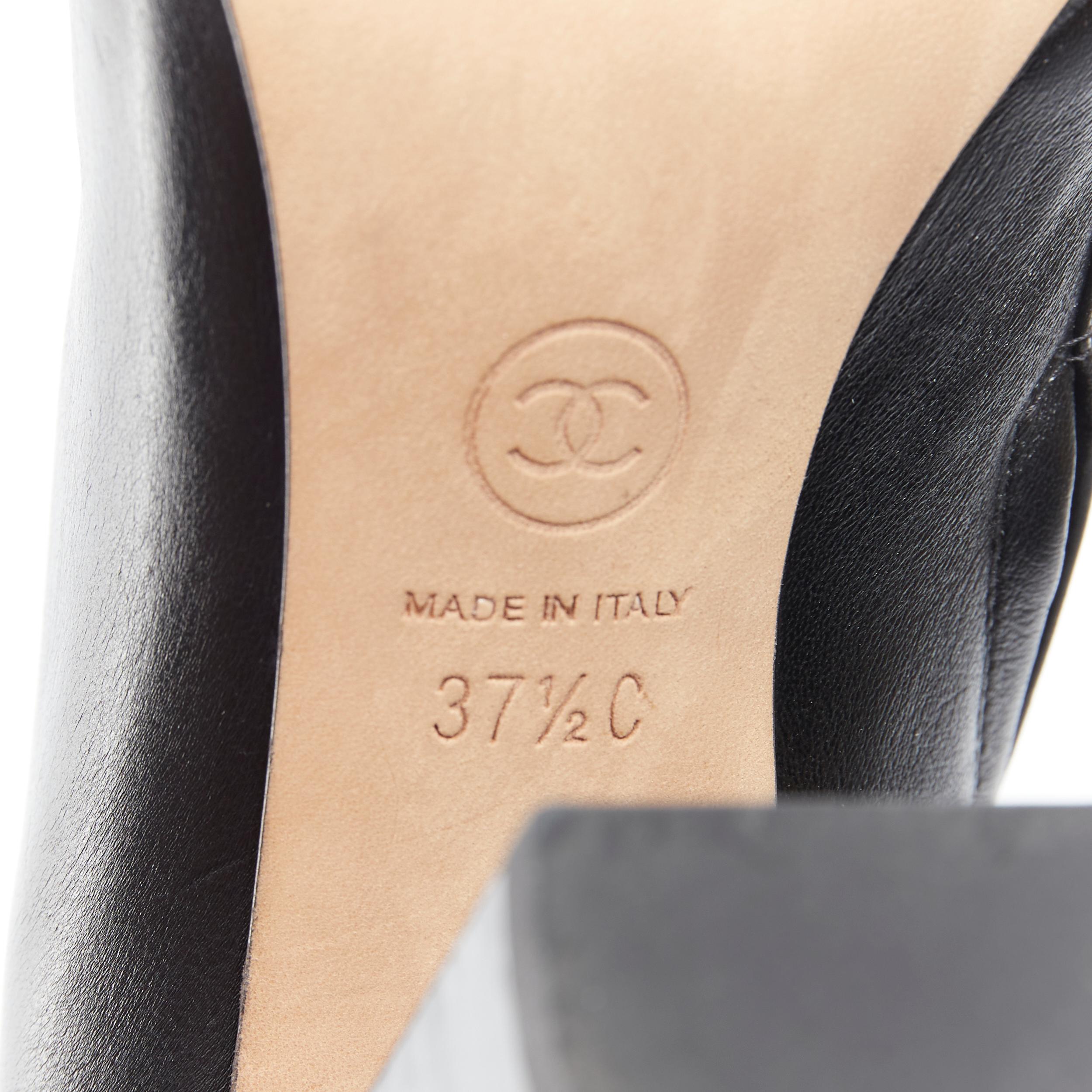 CHANEL black leather round toe CC metal chunky heel ribbed sock bootie EU37.5 5