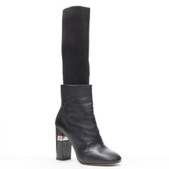 CHANEL black leather round toe CC metal chunky heel ribbed sock bootie EU37.5