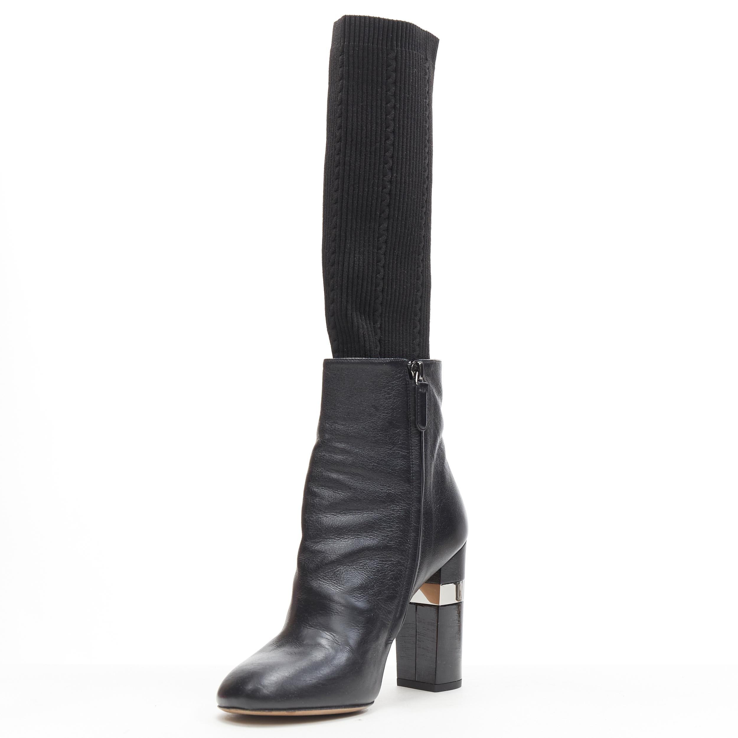 Black CHANEL black leather round toe CC metal chunky heel ribbed sock bootie EU37.5