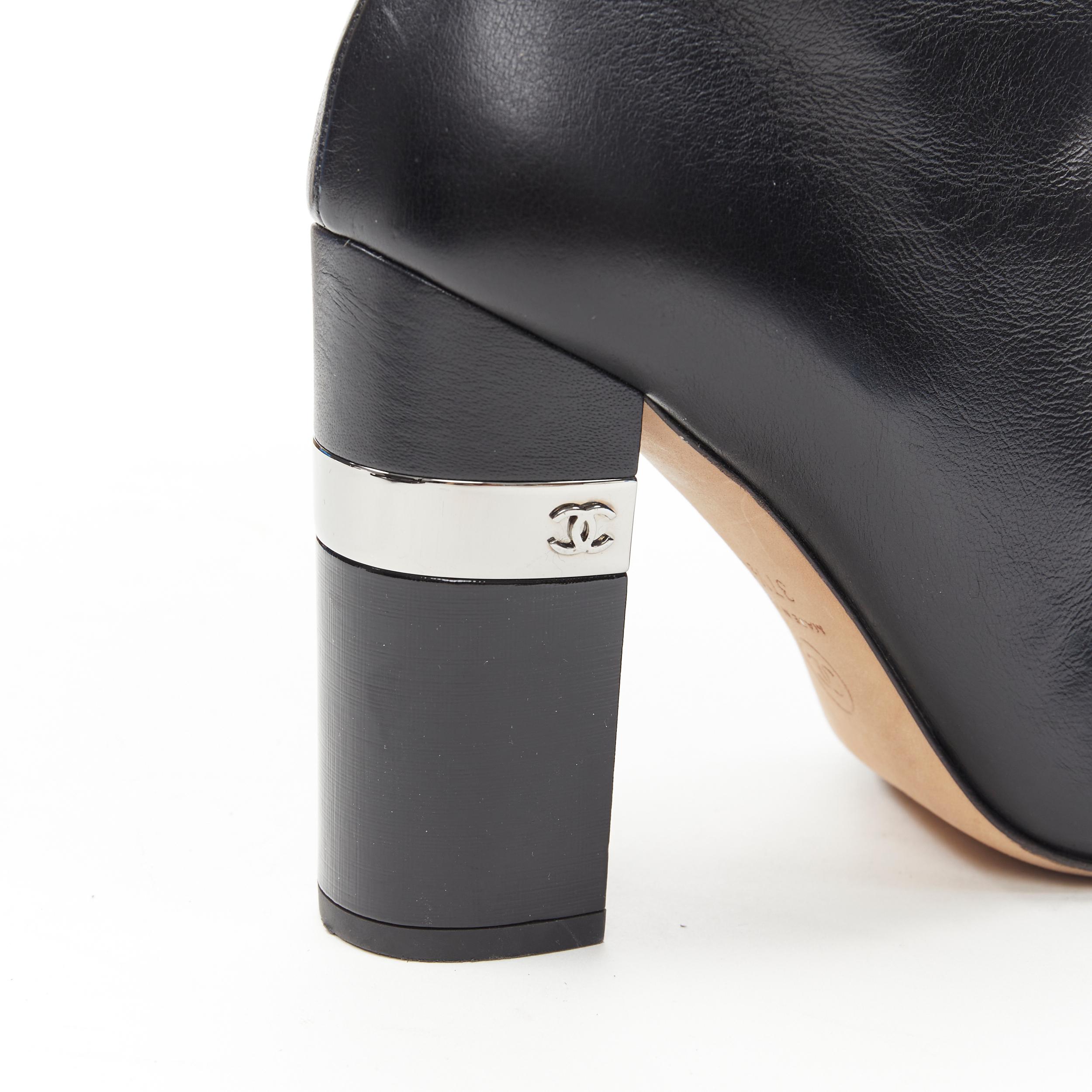 CHANEL black leather round toe CC metal chunky heel ribbed sock bootie EU37.5 2