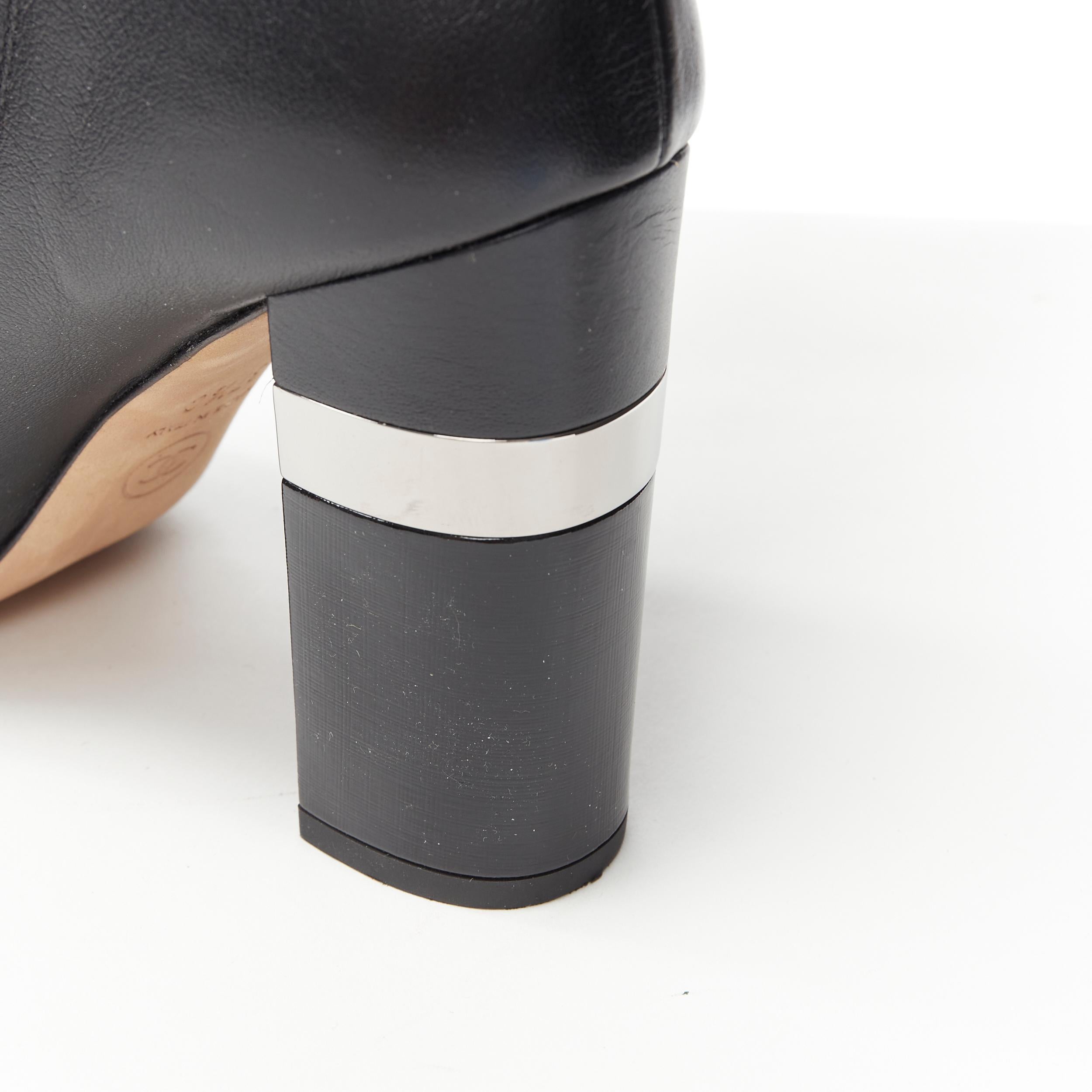 CHANEL black leather round toe CC metal chunky heel ribbed sock bootie EU37.5 3