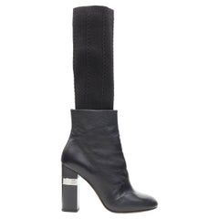 CHANEL schwarzes Leder runde Zehe CC Metall klobiger Absatz gerippte Socke Bootie EU37.5