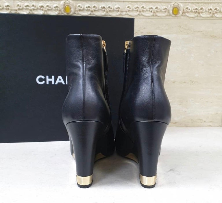 Women's Chanel Black Leather Round Toe Wedge Boots 
