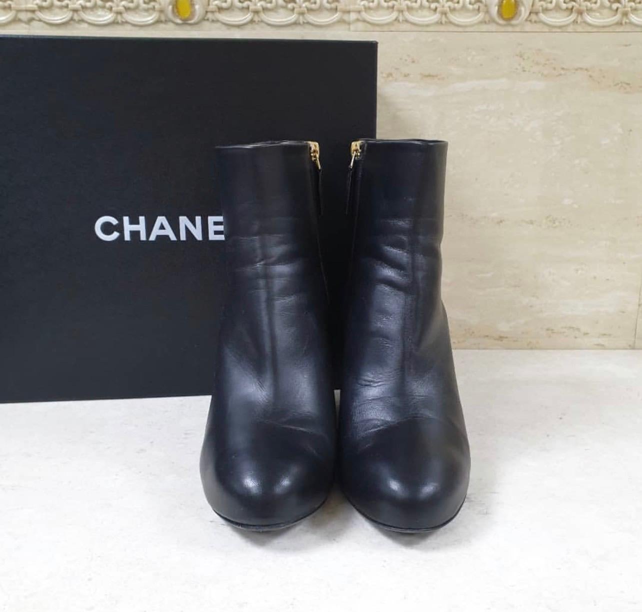 Chanel Black Leather Round Toe Wedge Boots  1
