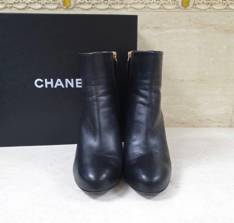 Chanel Black Leather Round Toe Wedge Boots  2