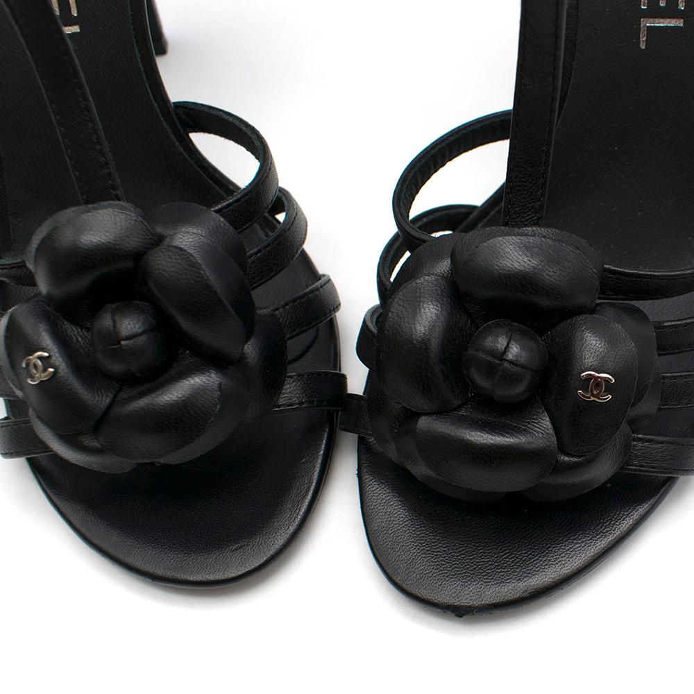  Chanel Black Leather Sandal Heels with Camellia Detail 35.5 In Excellent Condition In London, GB