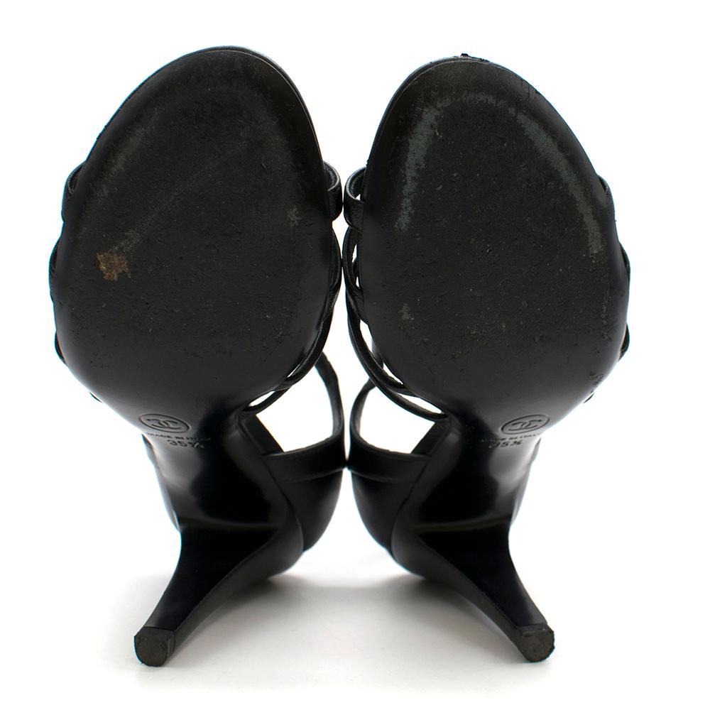  Chanel Black Leather Sandal Heels with Camellia Detail 35.5 2
