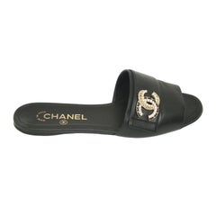 CHANEL Black Leather Sandal Slide Mule Lambskin CC Pearls Crystals Flats Sz 38