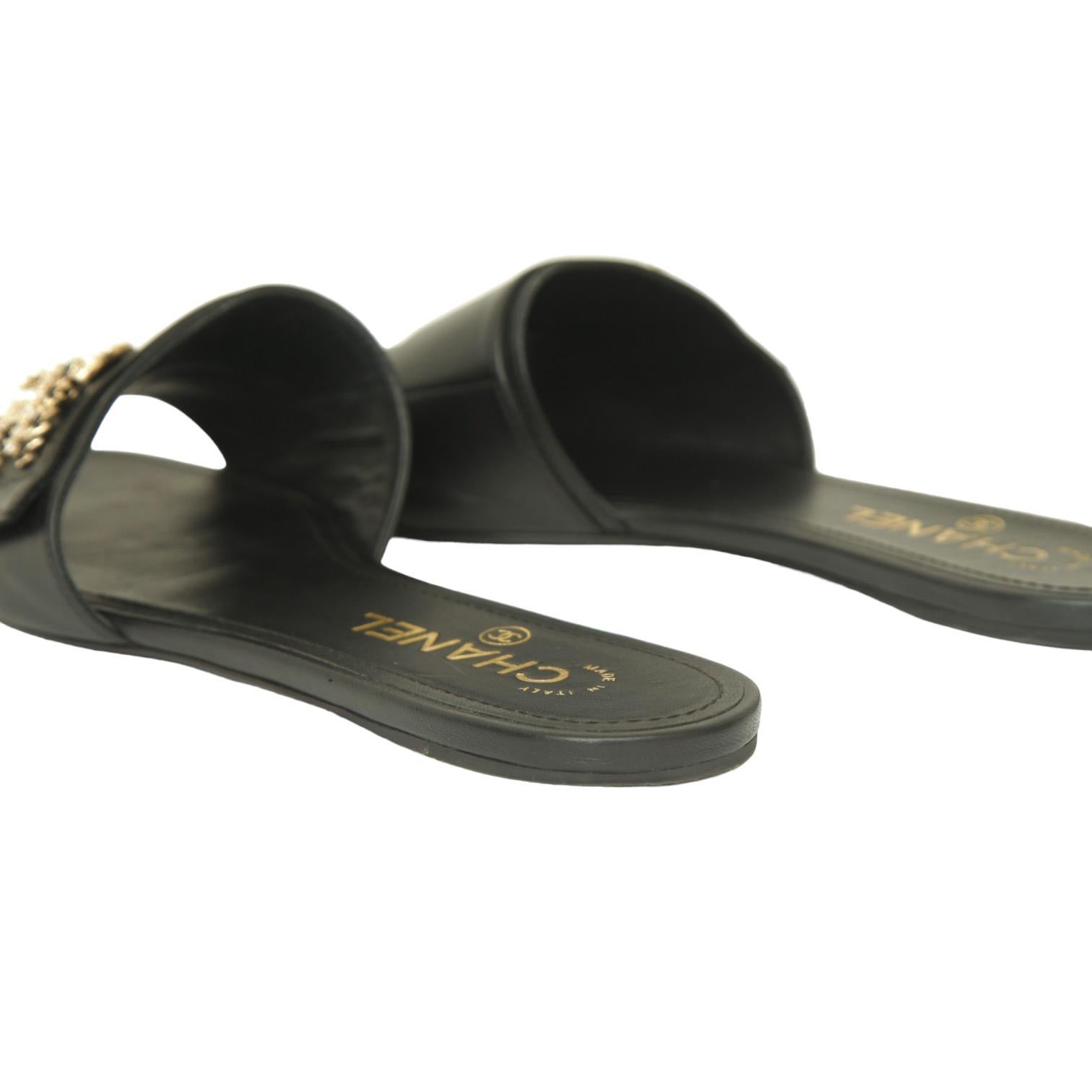 CHANEL Black Leather Sandal Slide Mule Lambskin CC Pearls Crystals Flats Sz 38 4