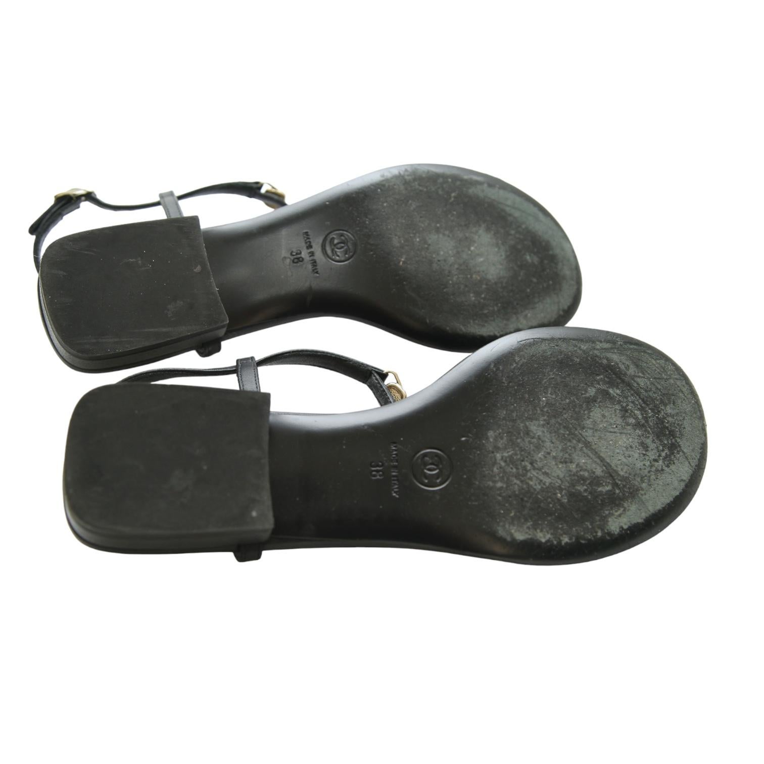 Chanel Sandali in Pelle Nera Cuori Oro HW Perle Cristalli Flats Caviglia Sz 38 7