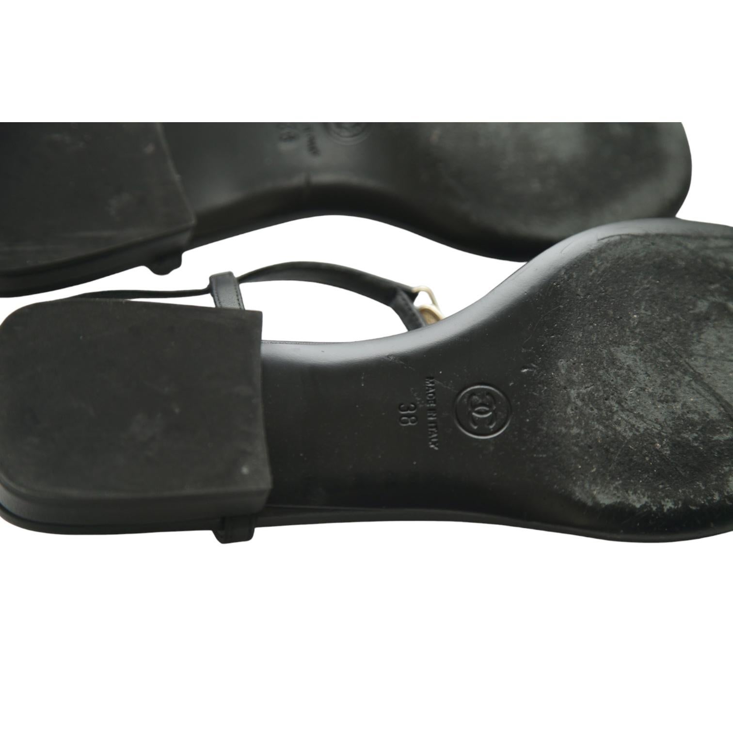 Chanel Sandali in Pelle Nera Cuori Oro HW Perle Cristalli Flats Caviglia Sz 38 8