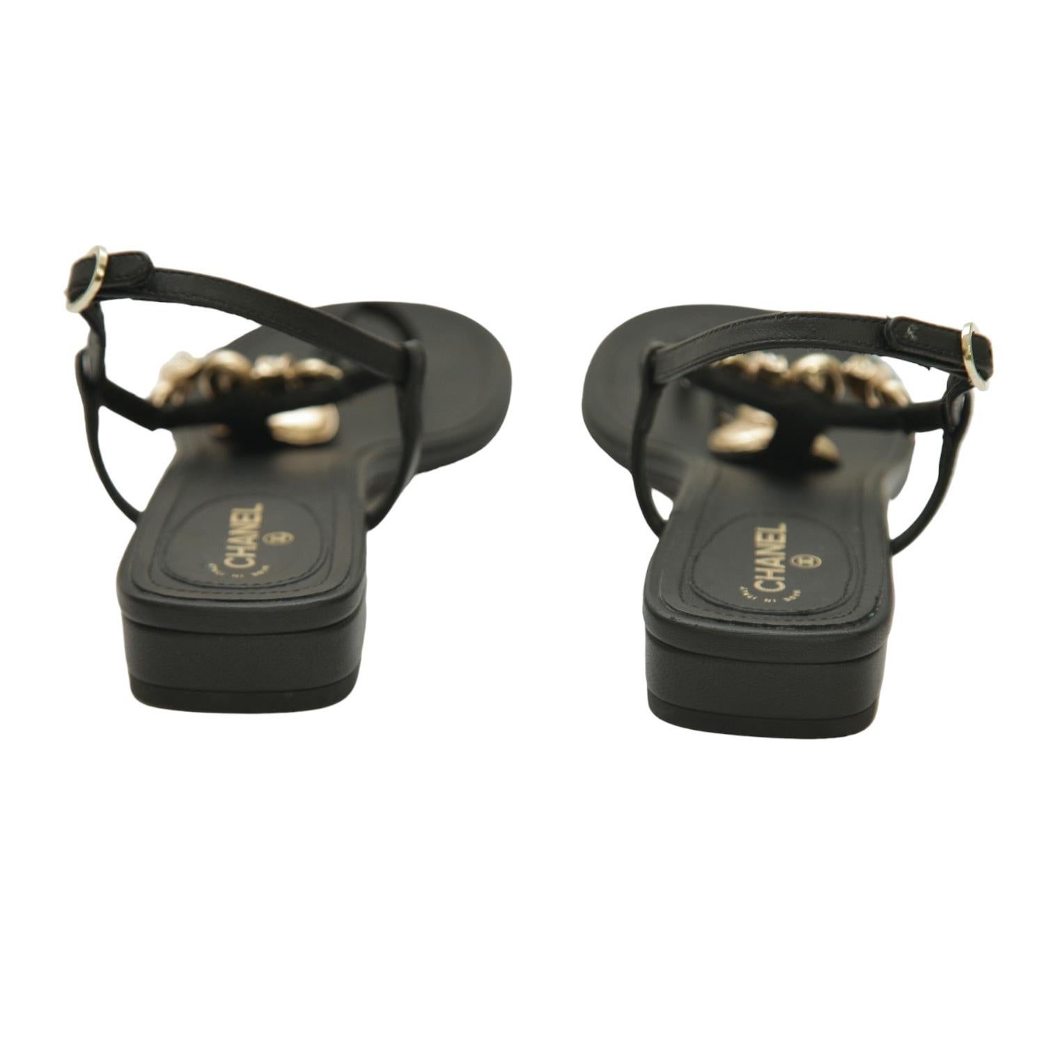Chanel Sandali in Pelle Nera Cuori Oro HW Perle Cristalli Flats Caviglia Sz 38 3