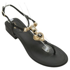 CHANEL Black Leather Sandals Hearts Gold HW Pearls Crystals Flats Ankle Sz 38