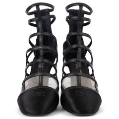 CHANEL black leather & satin CAGED Ankle Boots Shoes 38