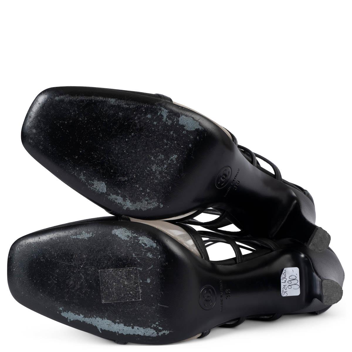 CHANEL black leather & satin CAGED Ankle Boots Shoes 38 For Sale 2