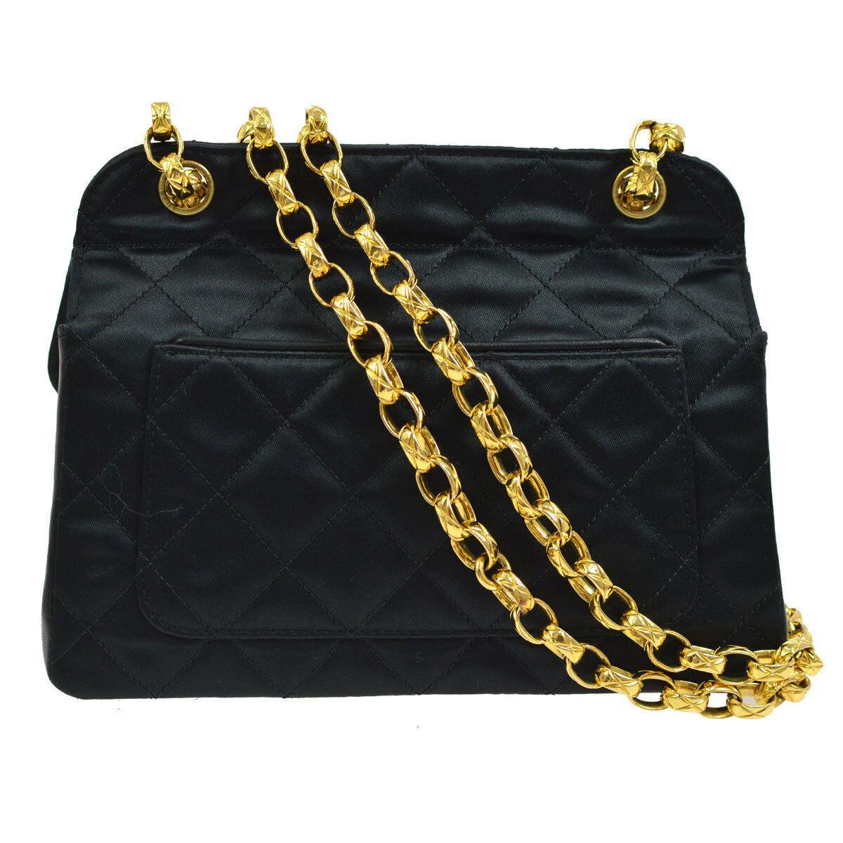 Chanel Black Leather Satin Gold Chain Small Mini Evening Shoulder Flap Bag In Excellent Condition In Chicago, IL