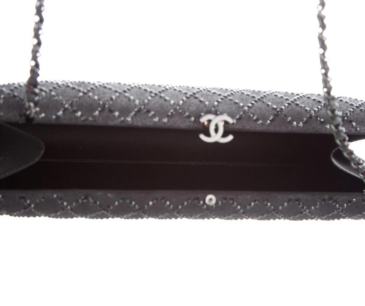 Women's Chanel Black Leather Sequin Kisslock Silver Chain Evening Shoulder Clutch Bag