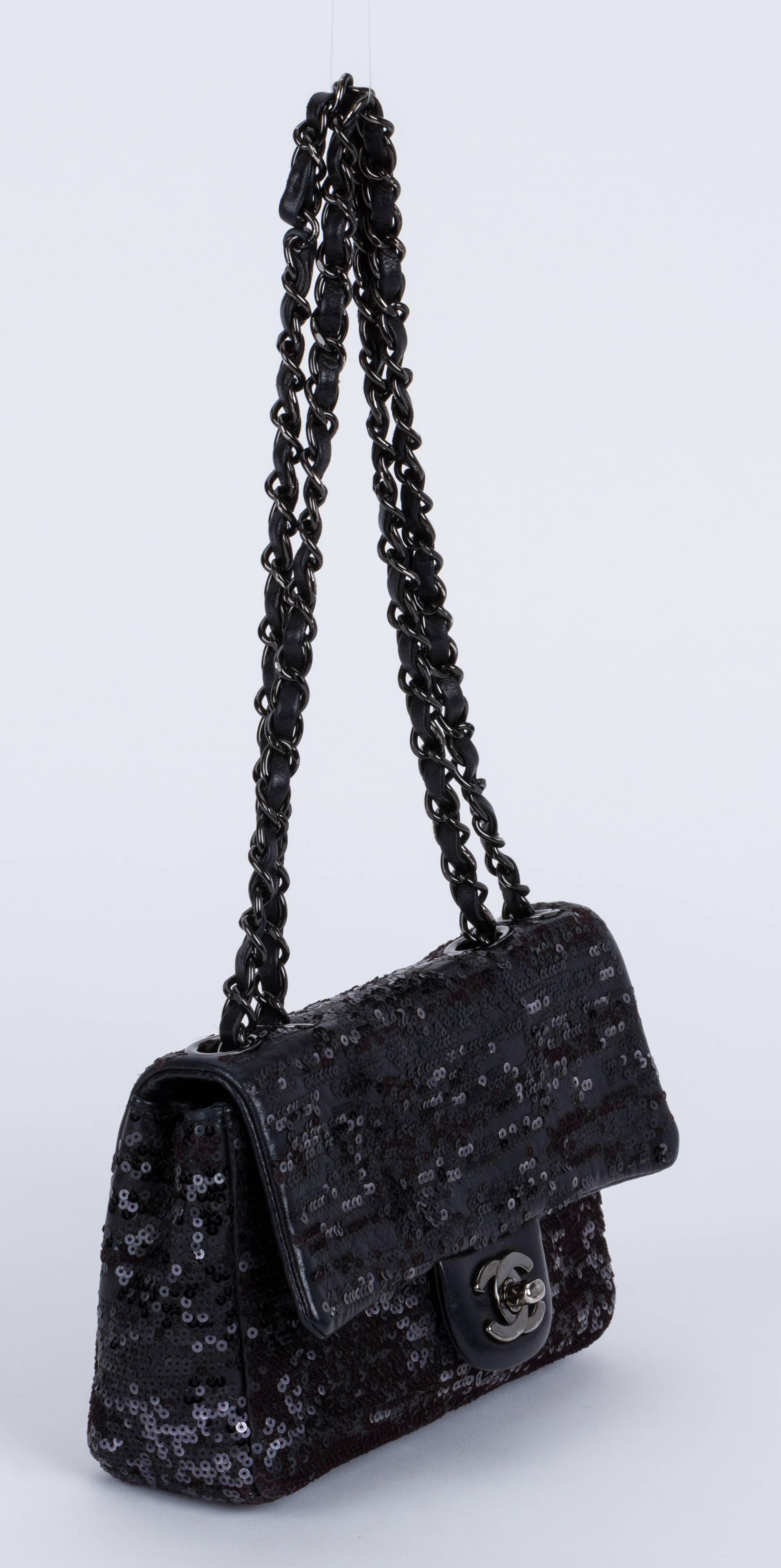 Chanel black leather and sequins evening bag. Black hardware and silk lining. Shoulder drop 9.5