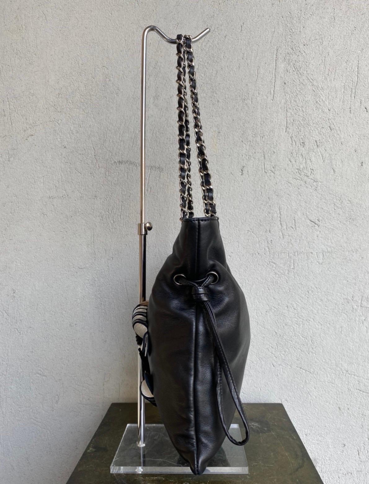 Black Chanel black leather silk logo CC Shoulder Bag For Sale