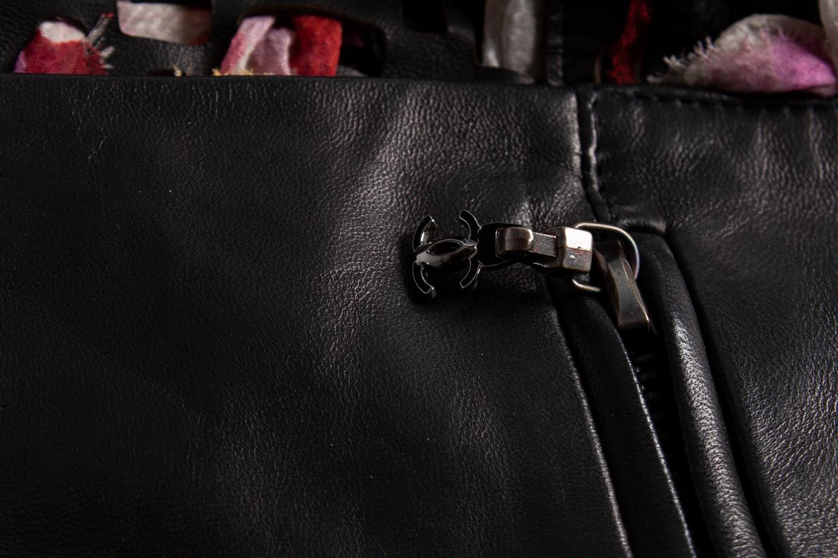 Women's Chanel, black leather silk scarf woven jacket