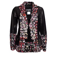Chanel, black leather silk scarf woven jacket