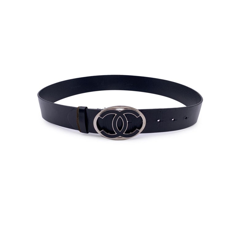 Chanel Black Leather Silver CC Logo Buckle Belt Size 85/34  display picture 1