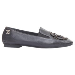 CHANEL black leather silver CC logo camellia flat loafer EU36.5