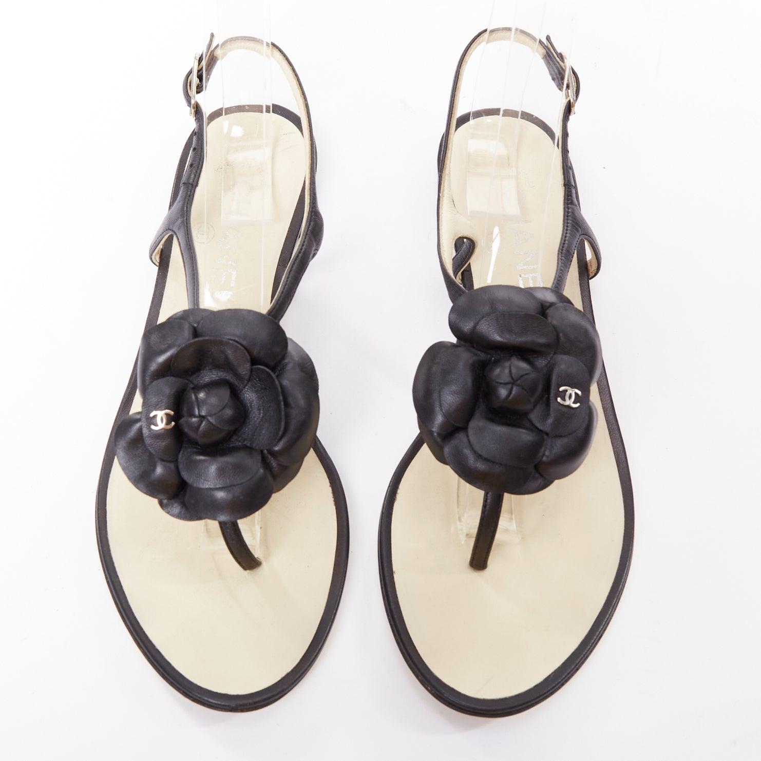 CHANEL cuir noir argenté logo CC camélia plat T strap sandales EU37.5
Référence : GEGG/A00207
Marque : Chanel
MATERIAL : Cuir
Couleur : noir, argent
Motif : Solide
Fermeture : ceinture
Doublure : Cuir nude
Fabriqué en : Italie

CONDITION :
Condition