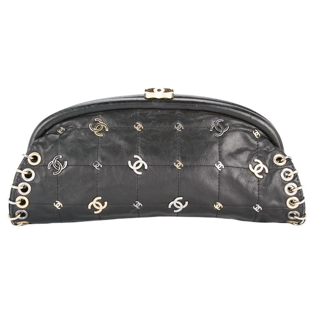 Chanel Black Leather Silver Charm Gala Clutch