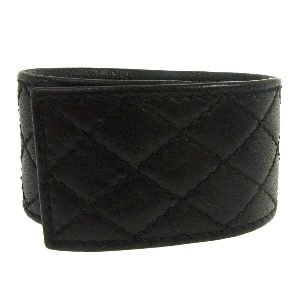 Chanel Black Leather Silver Charm Men's Women's Wide Cuff Bracelet in Box In Good Condition In Chicago, IL