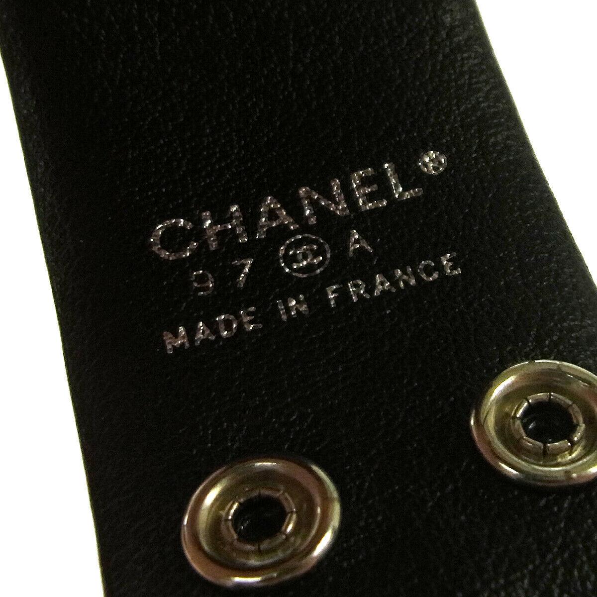 Women's or Men's Chanel Black Leather Silver Charm Men's Women's Wide Cuff Bracelet in Box