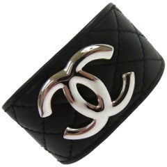 Retro Chanel Black Leather Silver Charm Men's Women's Wide Cuff Bracelet in Box