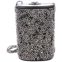 Chanel Black Leather Silver Crystal Silver Small Cylinder Evening Shoulder Bag