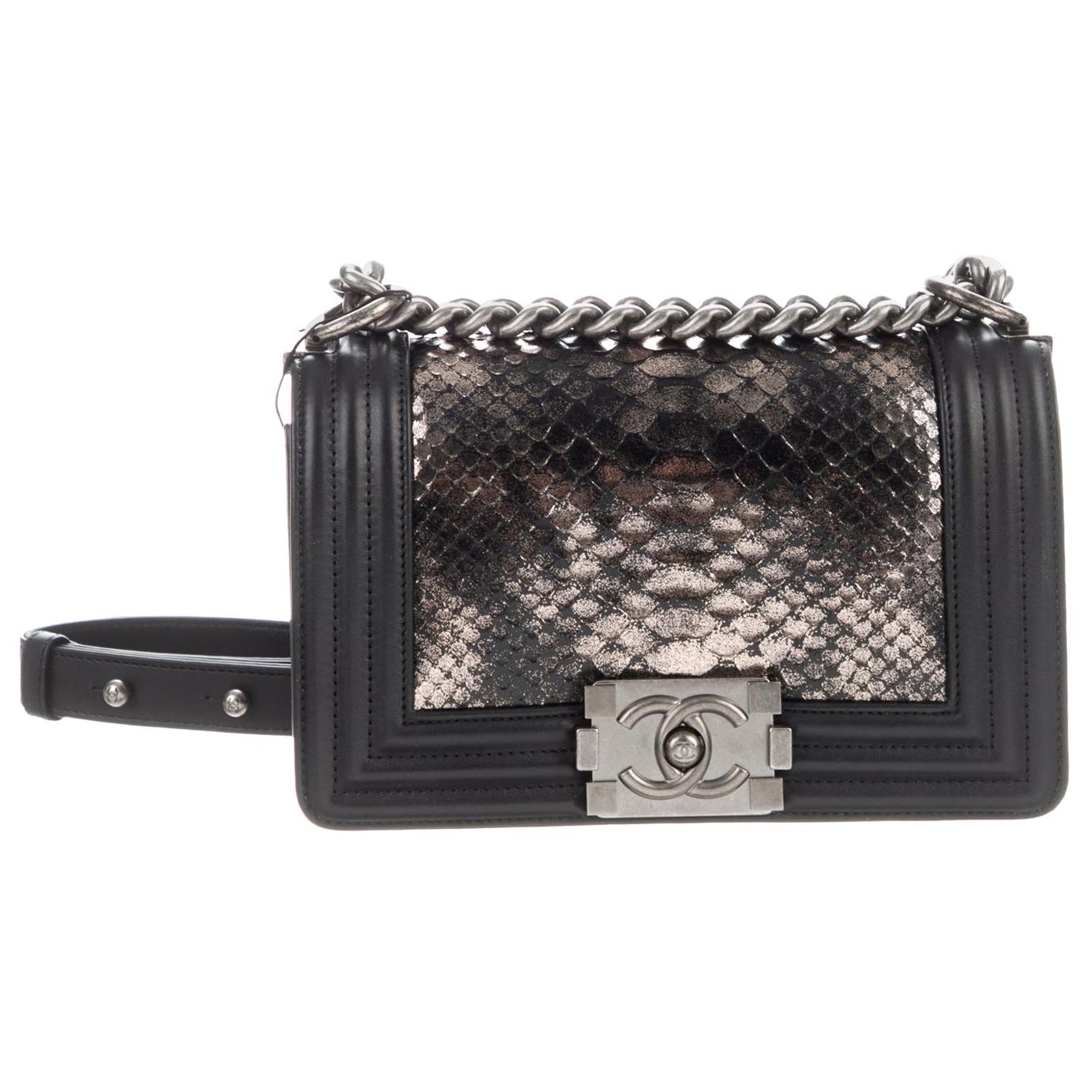 Chanel Black Leather Silver Gold Snakeskin Exotic Boy Small