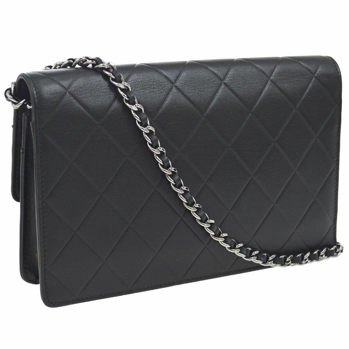 Women's Chanel Black Leather Silver Logo Wallet on Chain Shoulder Flap Bag in Box 