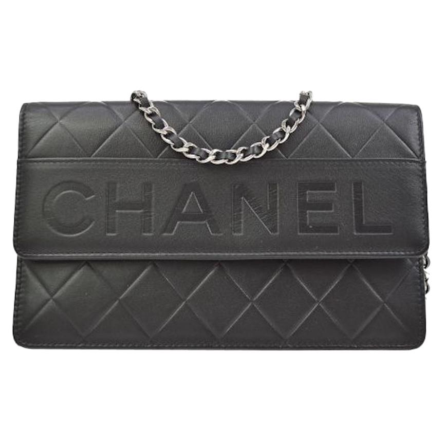 Chanel Black Leather Silver Logo Wallet on Chain Shoulder Flap Bag in Box 