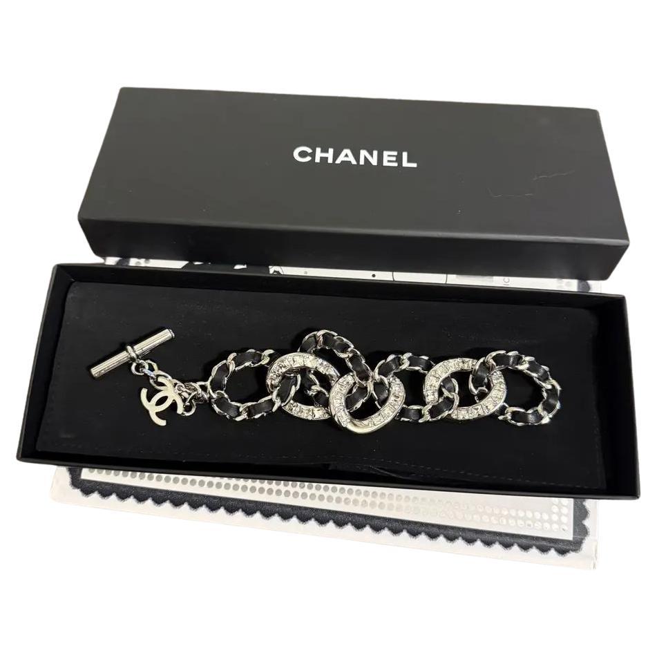 Chanel Black Leather Silver Metal CC Crystal Chain Link Bracelet For Sale
