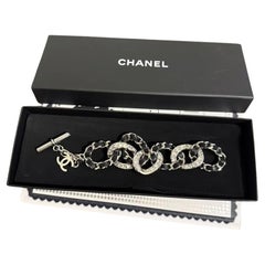 Chanel Black Leather Silver Metal CC Crystal Chain Link Bracelet
