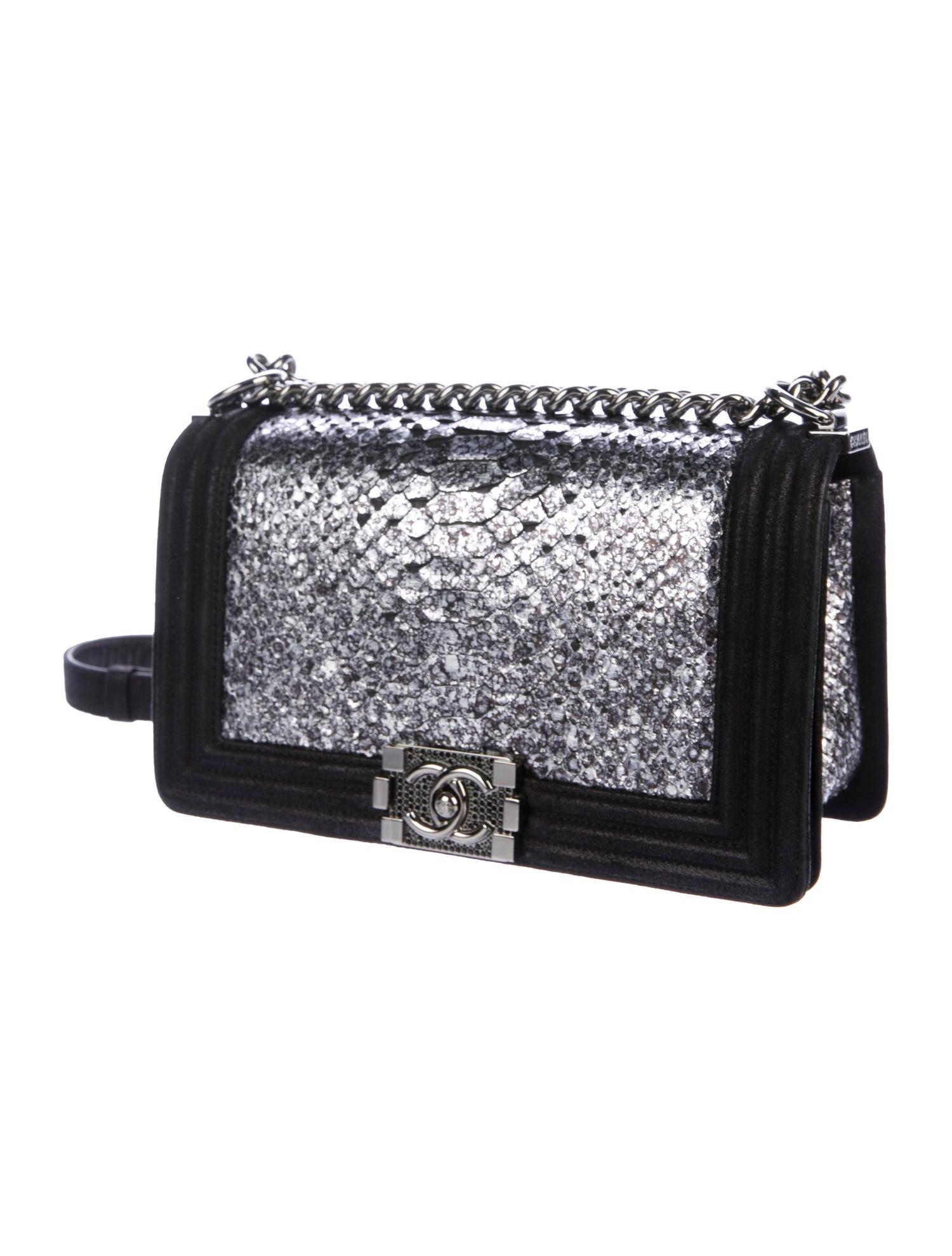 Women's Chanel Black Leather Silver Snakeskin Exotic Boy Small Shoulder Flap Bag