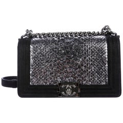 Chanel Black Leather Silver Snakeskin Exotic Boy Small Shoulder Flap Bag