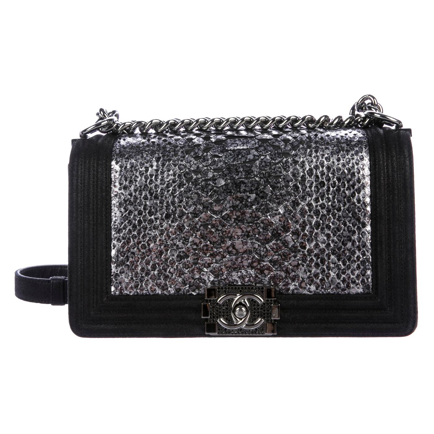 Chanel Black Leather Silver Snakeskin Exotic Boy Small Shoulder Flap Bag