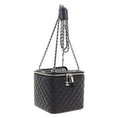 Chanel Black Leather Silver Square Chain Travel Jewelry Top Handle Shoulder  Bag